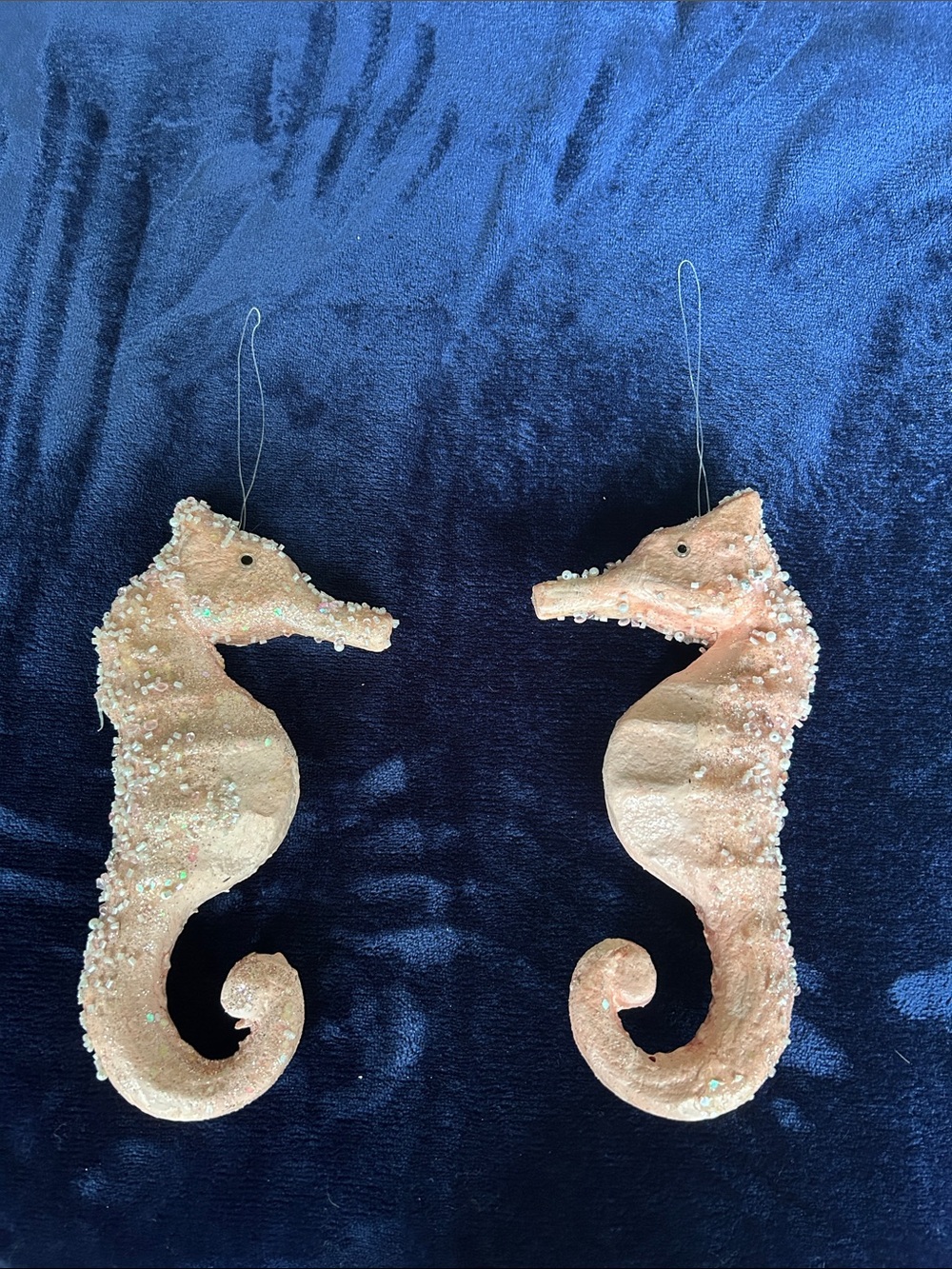 Set of Two Peach Sequin Seahorse Ornaments